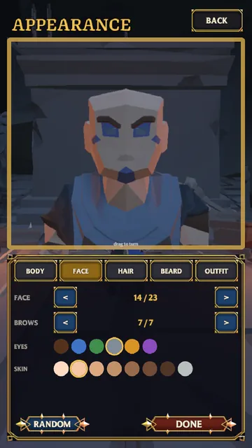 The Appearance screen on the Face tab, showing face 14 of 23 with eye and skin colour swatches.