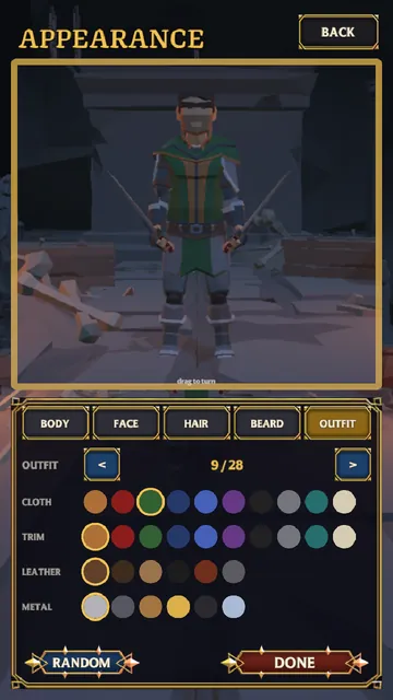 The Outfit tab showing outfit 9 of 28 on a full-body hero, with cloth, trim, leather and metal colour swatches.