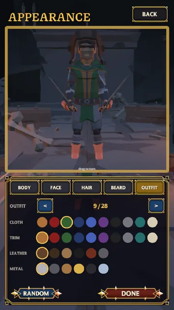 The character creator Outfit tab with colour swatches.