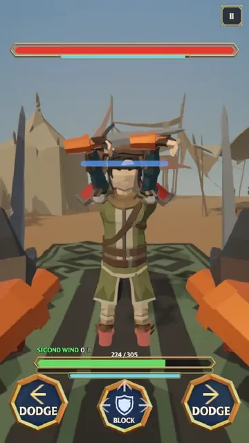 An opposing hero raises both weapons overhead in a desert camp.