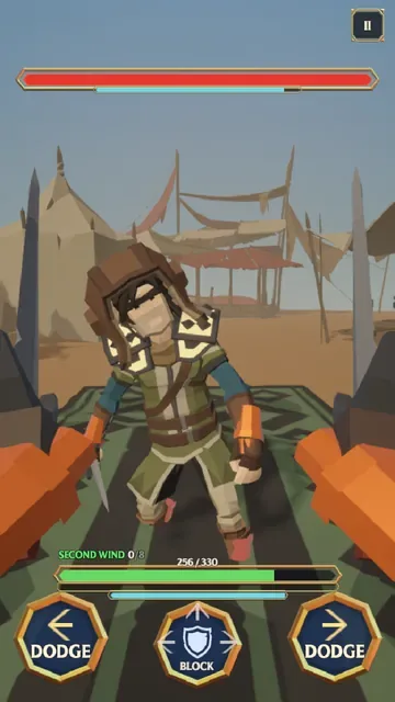 A duel in a desert camp against a hooded hero holding a dagger, seen over your two blades.