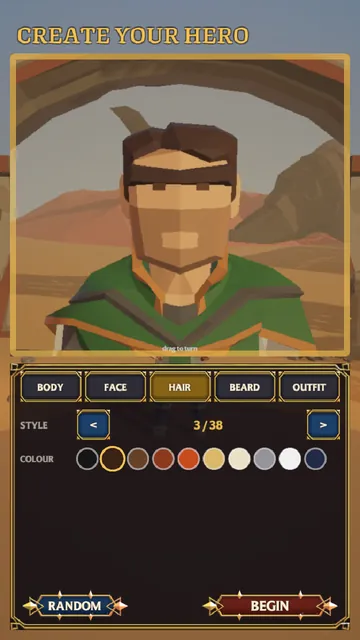 The Create your hero screen on the Hair tab, showing hairstyle 3 of 38 and a row of hair colours.