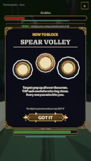 A How to block card for a boss special called Spear Volley: targets pop up on screen and you tap each one before its ring closes.