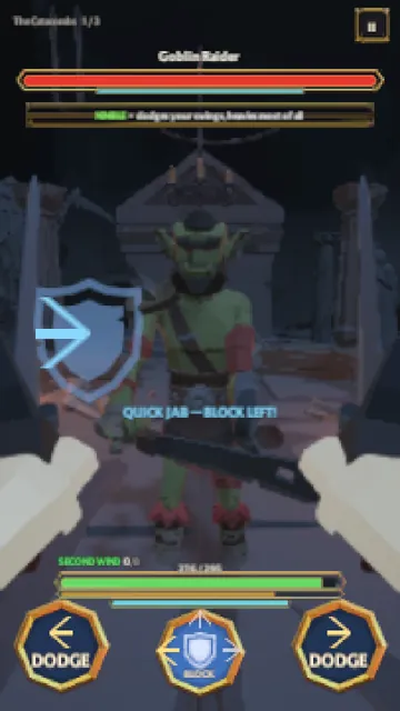 A goblin raider in the Catacombs. An arrow and shield icon show a quick jab coming, with the prompt Quick jab, block left.