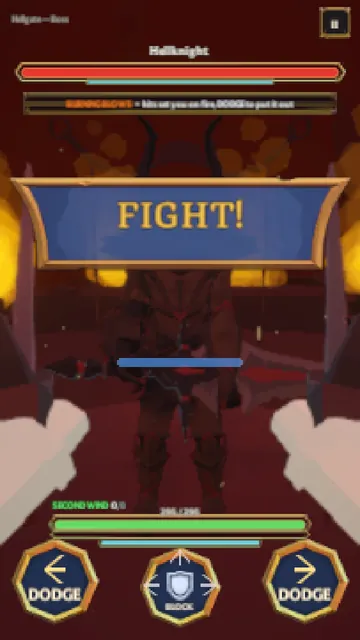 The Hellknight in a red, burning lair at Hellgate, behind a Fight banner.