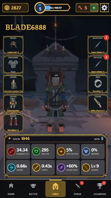 The Hero screen: the hero stands in the middle, with gear slots for helmet, shoulders, armor, gloves, boots, both blades and a ring around them, and stats below.