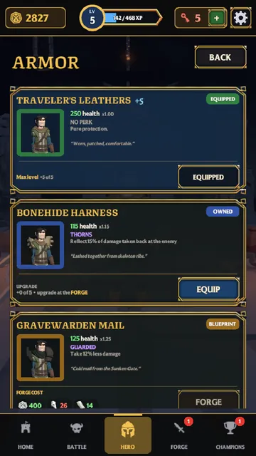 The Armor screen listing Traveler's Leathers at +5, Bonehide Harness, and the Gravewarden Mail blueprint with its forge cost.