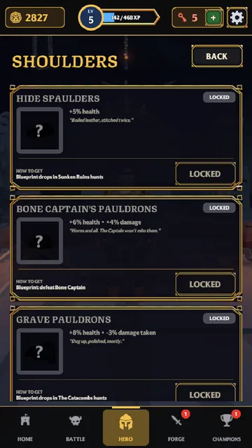 The Shoulders gear screen listing Hide Spaulders, Bone Captain's Pauldrons and Grave Pauldrons, with where to find each blueprint.