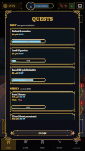 The Quests panel with daily and weekly quests and progress bars.