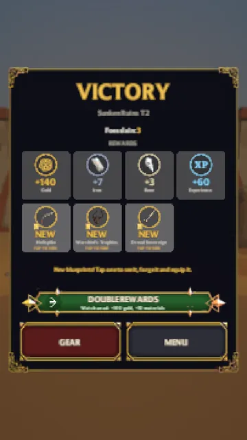 A Victory screen with gold, iron, bone and experience rewards, plus three new blueprints.