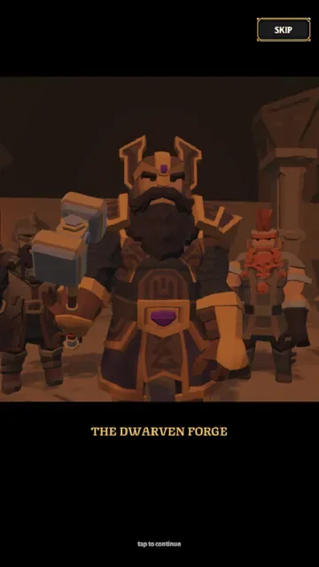 Story scene titled The Dwarven Forge, showing an armored dwarf king with a hammer and a red-bearded dwarf.